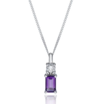 9ct White Gold Emerald Cut Amethyst and Diamond Pendant