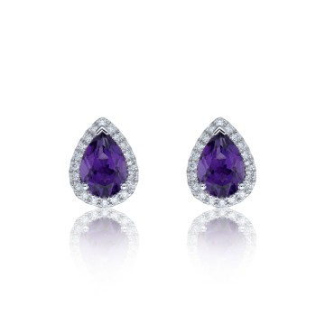 9ct White Gold Pear Cut Amethyst 1.57ct Diamond Halo Stud Earrings