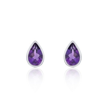 9ct White Gold Pear Cut Amethyst Rub Over Stud Earrings