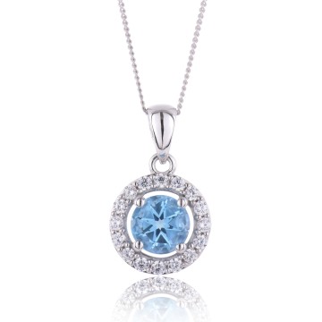 9ct White Gold Brilliant Cut Topaz 1.20ct Cubic Zirconia Halo Pendant
