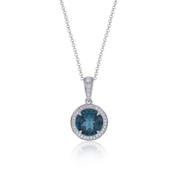 18ct White Gold Brilliant Cut 2.59ct London Blue Topaz and 0.14ct Diamond Halo Pendant