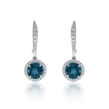 18ct White Gold Diamond 0.23ct and London Blue Topaz 2.38ct Halo Earrings 