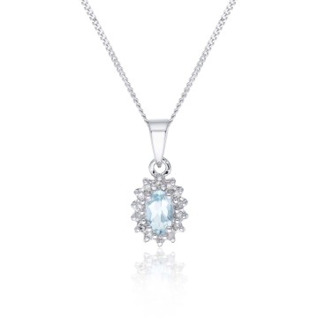 9ct White Gold Diamond 0.06ct and Aquamarine Halo Pendant