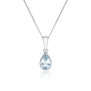 9ct White Gold Pear Cut Aquamarine Rub Over Pendant