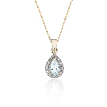 9ct Yellow Gold Pear Cut Aquamarine and 0.04ct Diamond Halo Pendant