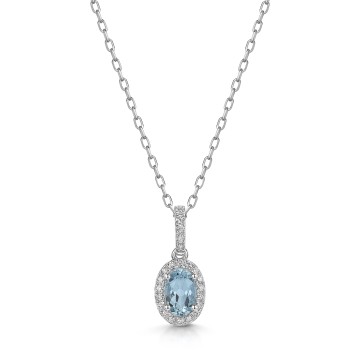 18ct White Gold Oval 0.45ct Aquamarine Diamond Halo Necklace