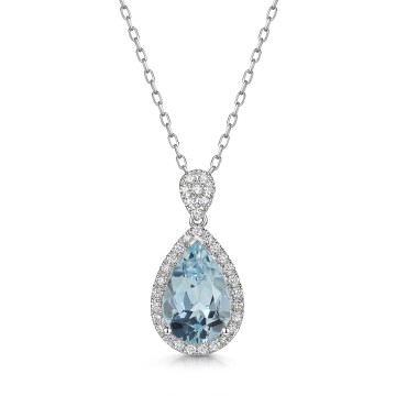 18ct White Gold Pear Cut 1.45ct Aquamarine with 0.30ct Diamond Halo Pendant