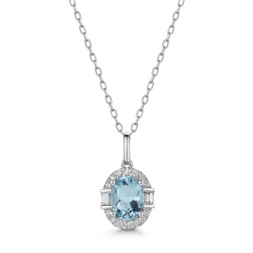 18ct White Gold Oval Cut 1.10ct Aquamarine with 0.21ct Diamond Halo Pendant