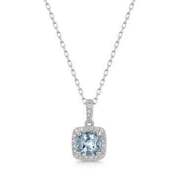 18ct White Gold Cushion Cut Aquamarine 0.75ct with Diamond Halo Pendant