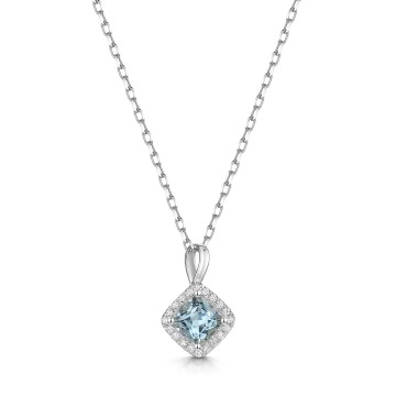 18ct White Gold Cushion Cut 0.50ct Aquamarine Pendant with 0.08ct Diamond Halo