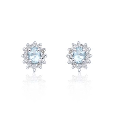 9ct White Gold 0.10ct Diamond and Aquamarine Halo Earrings