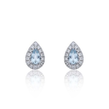 9ct White Gold Diamond 0.18ct and Aquamarine Halo Earrings