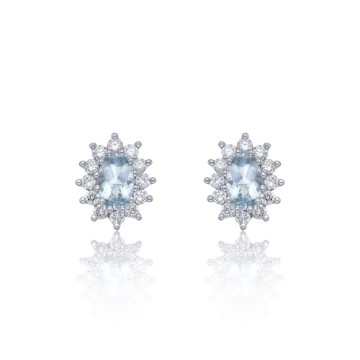 9ct white gold diamond 0.43ct and aquamarine 6x4mm halo earrings 