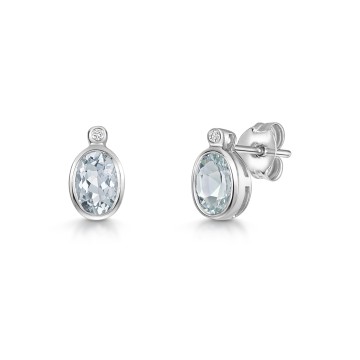 9ct White Gold 1.00ct Oval Bezel Set Aquamarine and 0.12ct Diamond Earrings