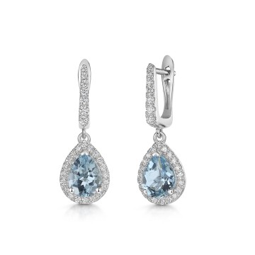 18ct White Gold Pear Cut 1.90ct Aquamarine with 0.45ct Diamond Halo Earrings
