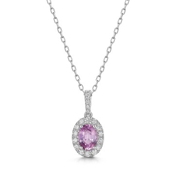 18ct White Gold Oval Cut 1.10ct Pink Sapphire with 0.07ct Diamond Halo Pendant