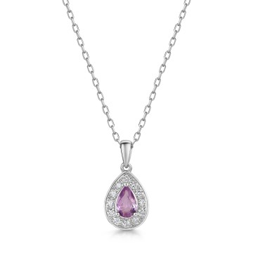 18ct White Gold Pear Cut 0.45ct Pink Sapphire with Diamond Halo Pendant
