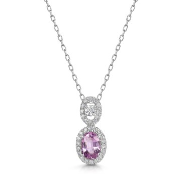 18ct White Gold Oval Cut 0.90ct Pink Sapphire with 0.30ct Diamond Halo Pendant