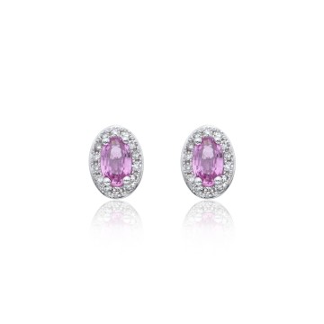 9ct White Gold Oval Cut Pink Sapphire 0.80ct Diamond Halo Stud Earrings