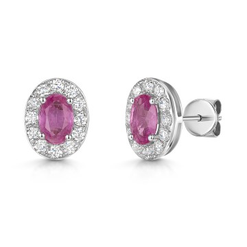 18ct White Gold Oval Cut Pink Sapphire 1.10ct with Diamond Halo Stud Earrings