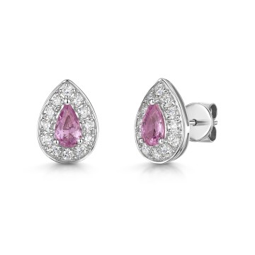 18ct White Gold Pear Cut Pink Sapphire 0.50ct with Diamond Halo Earrings