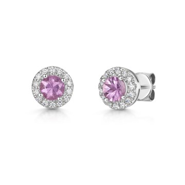 18ct White Gold Round Brilliant Cut Pink Sapphire 0.65ct with Diamond Halo Earrings