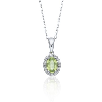 9ct White Gold 0.60ct Oval Peridot &amp; 0.08ct Diamond Pendant