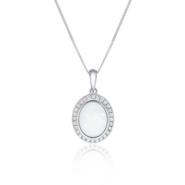 18ct White Gold 1.38ct Cabochon Cut Opal and Diamond Pendant