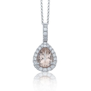 18ct White Gold Morganite and Diamond 1.50ct Pear Halo Pendant