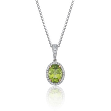 18ct White Gold Diamond 0.12ct and Peridot 1.32ct Halo Pendant