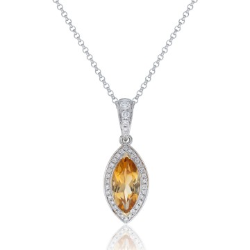 18ct White Gold Diamond 0.13ct and Citrine 0.99ct Halo Pendant 