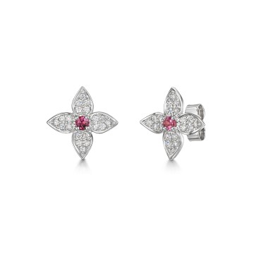 9ct White Gold Pink Tourmaline and 0.54ct Diamond Cluster Flower Earrings