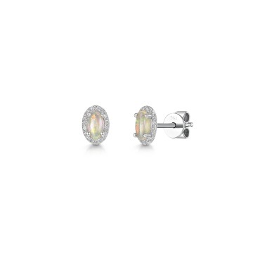 18ct White Gold Oval Cut 0.30ct Opal with 0.07ct Diamond Halo Earrings
