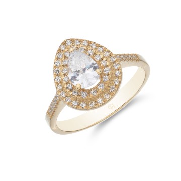 9ct Yellow Gold Cubic Zirconia Double Halo Pear Cut Solitaire Ring
