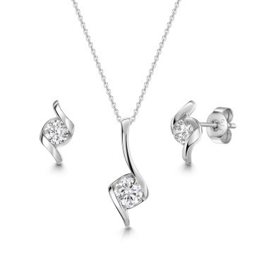 9ct White Gold Cubic Zirconia Fancy Round Brilliant Solitaire Pendant & Earring Set