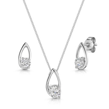 9ct White Gold Cubic Zirconia Pear Shape Round Brilliant Solitaire Pendant & Earring Set