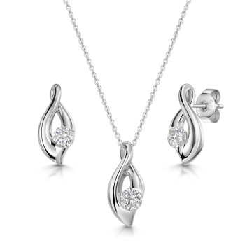 9ct White Gold Cubic Zirconia Fancy Twist Round Brilliant Solitaire Pendant & Earring Set