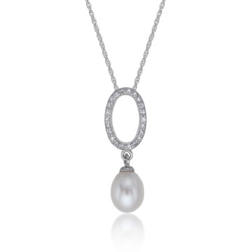 Silver Oval Cubic Zirconia 7-7.5mm Pearl Drop Pendant
