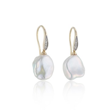 9ct Yellow Gold Baroque Pearl and Diamond Drop Earrings