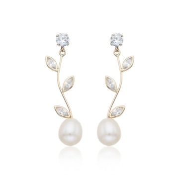 9ct Yellow Gold Cubic Zirconia and Pearl Stem Drop Earrings