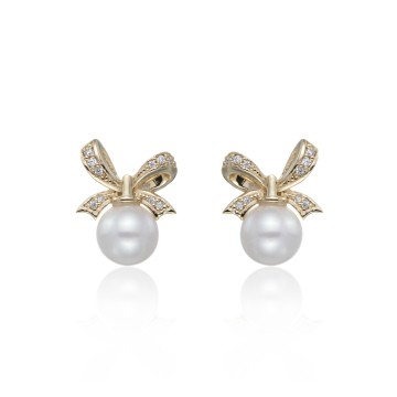 Yellow Gold Plated Pearl Bow Earrings