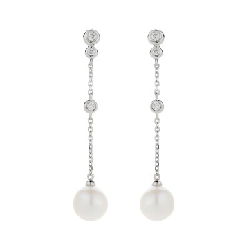9ct White Gold Pearl And Diamond 0.10ct Long Drop Earrings