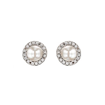 9ct White Gold Pearl and Cubic Zirconia Halo Stud Earrings