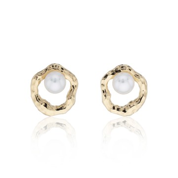  Yellow Gold Plated Hammered 6-6.5mm Pearl Earrings