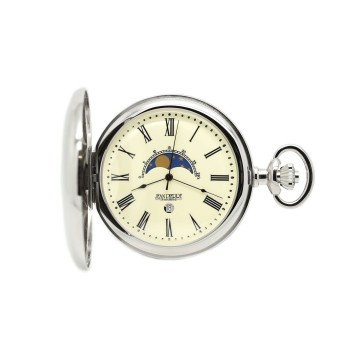 Jean Pierre Chrome Plated Moonphase Quartz Half Hunter Pocket Watch with Chain D6