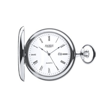 Jean Pierre Chrome Plated Quartz Calendar Full Hunter Pocket Watch with Chain G555CQ