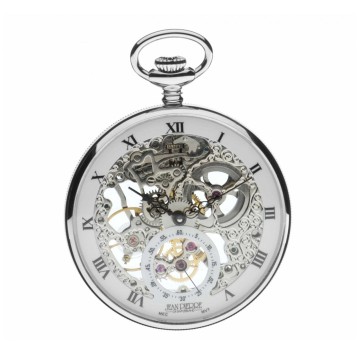 Jean Pierre Chrome Plated Open Face 17 Jewelled Mechaincal Skeleton Pocket Watch with Chain G252CM