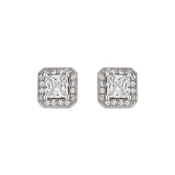 Silver Princess Cut Cubic Zirconia Halo Stud Earrings