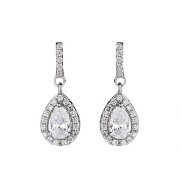 Silver Pear Cut Cubic Zirconia Halo Drop Earrings