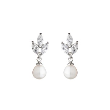 Silver Pearl and Marquise Cubic Zirconia  Drop Earrings